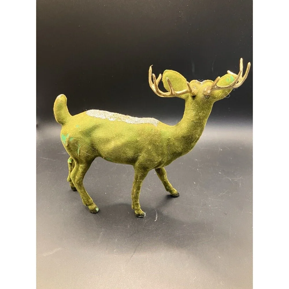 Vintage Green Reindeer Flocked Deer Christmas MCM 6” Decor Sparkly